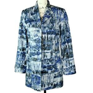 Chicos 0 Womens Small Blazer Art to Wear Lined Blue Silver Abstract